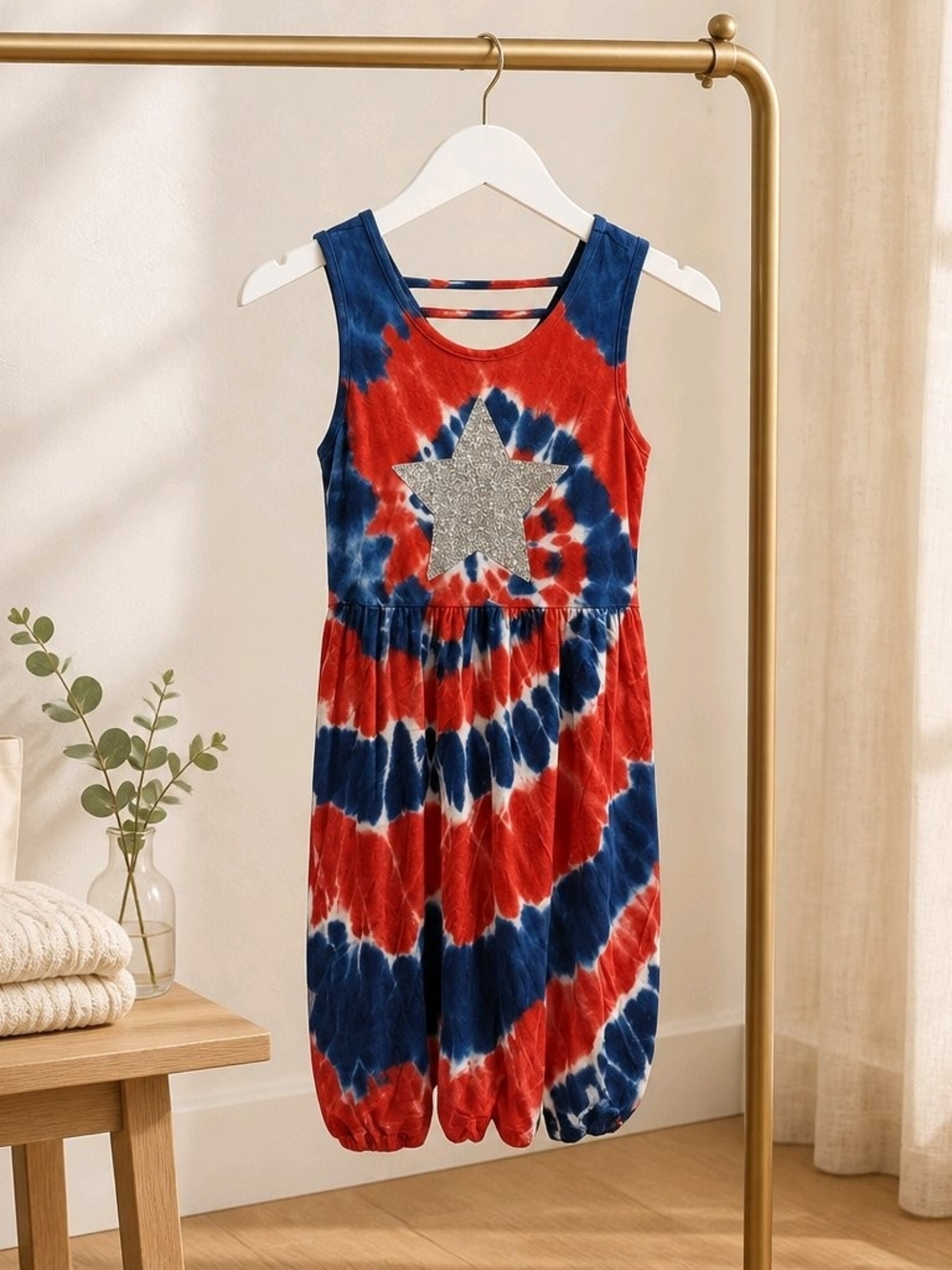 Justice Red & Navy Tie-Dye Star Tank Dress